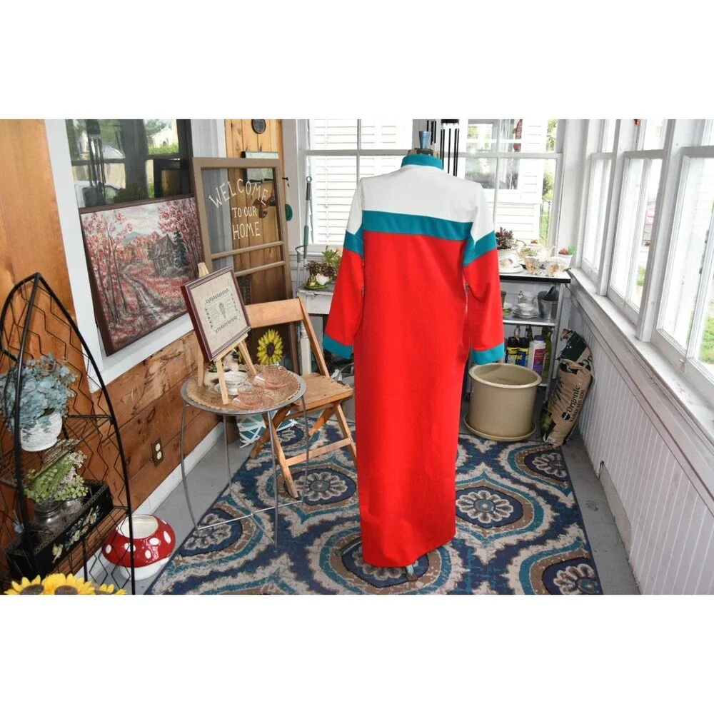 1960s Appel Tri-Color Velveteen Maxi Robe -Red, Teal, Cream-Made in USA-Small